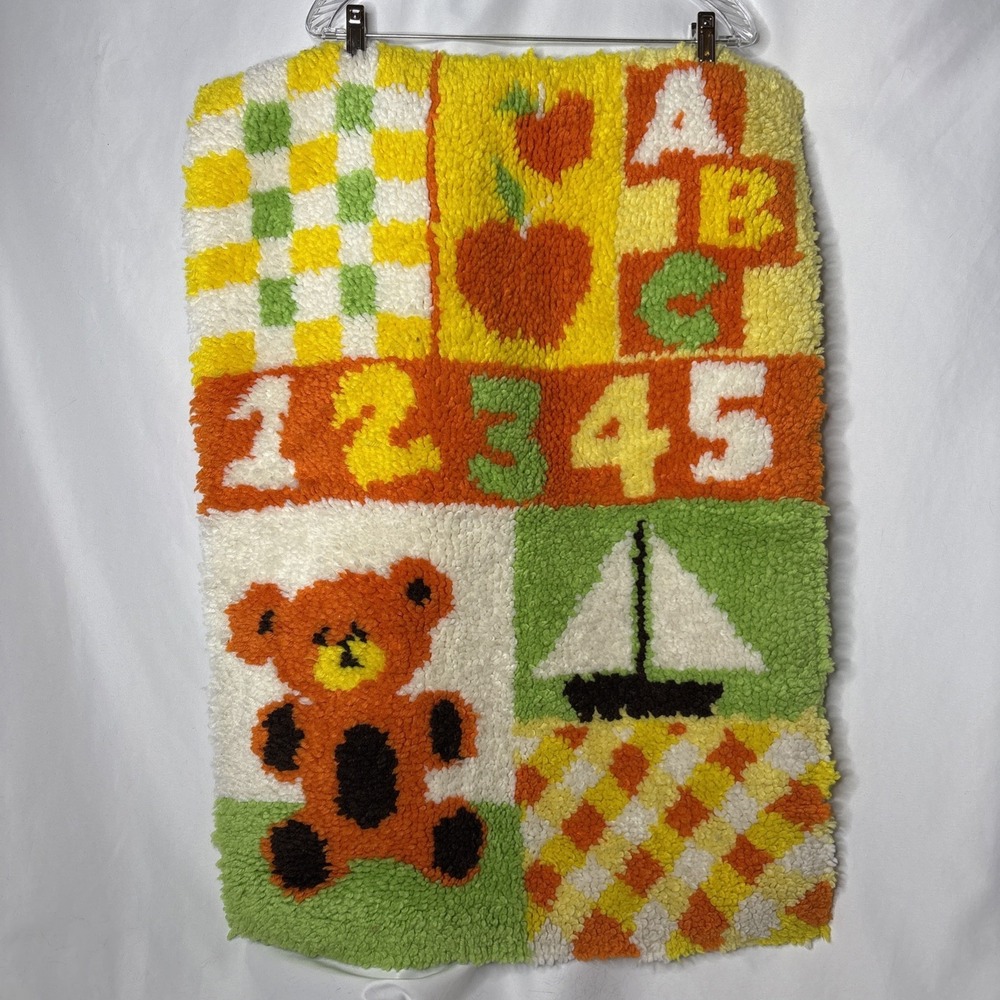 Vtg Latch Hook Rug Baby‎ Nursery Wall Hanging Yarn Art Orange Yellow Bear